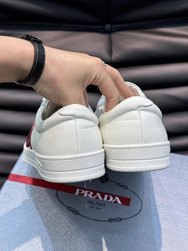 Prada White Leather Low-Top Sneakers with Burgundy Logo Stripe