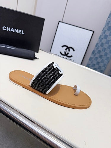Chanel CC Logo Woven Toe-Ring Sandals