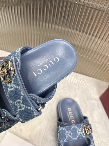 Gucci GG Denim Double-Strap Slide Sandals
