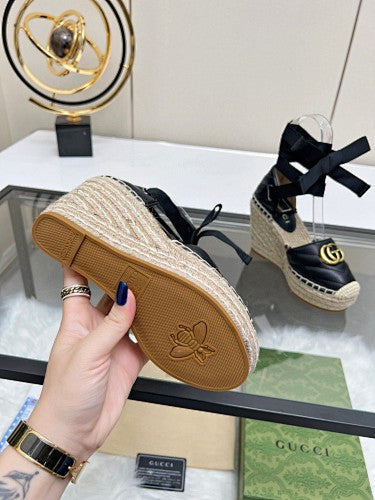 Gucci Marmont Matelassé Leather Platform Espadrille Wedges