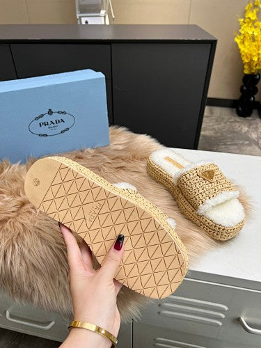 Prada Raffia & Shearling Platform Slide Sandals