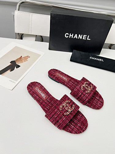 Chanel CC Chain Tweed Flat Slide Sandals – Burgundy/Berry