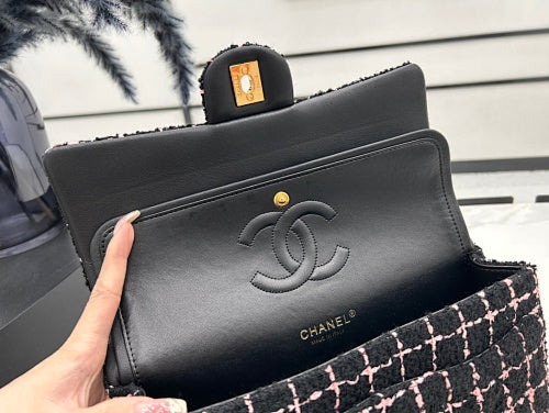Chanel Black & Pink Tweed Classic Flap-Style Bag