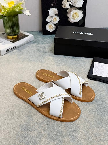 Chanel CC Logo Chain-Trim Crisscross Slide Sandals