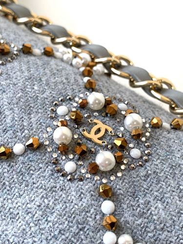 Chanel Light Blue Tweed Crystal & Pearl Embellished Flap Bag