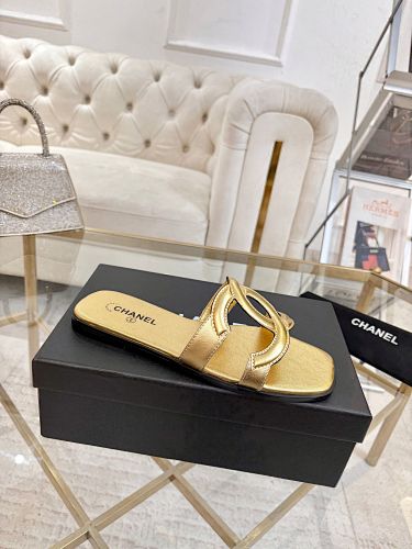 Chanel CC Logo Metallic Gold Leather Slide Sandals