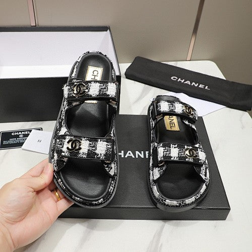 Chanel CC Logo Tweed Double-Strap Slide Sandals
