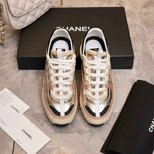 Chanel CC Metallic Gold, Beige & White Low-Top Runner Sneakers