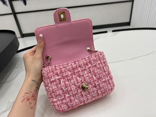 Chanel Pink Tweed Mini Flap Bag with Charm Chain Strap