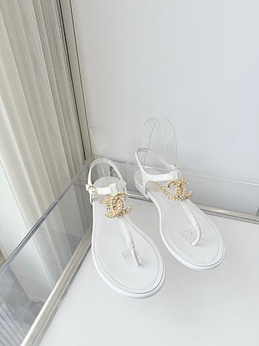 Chanel White CC Thong Slingback Sandals