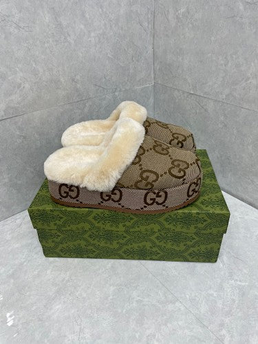 Gucci GG Canvas Shearling-Lined Mule Slippers