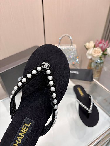 Chanel Pearl-Embellished CC Thong Sandals / Flip-Flops