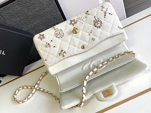 Chanel Ivory Tweed Embellished Classic Flap-Style Bag