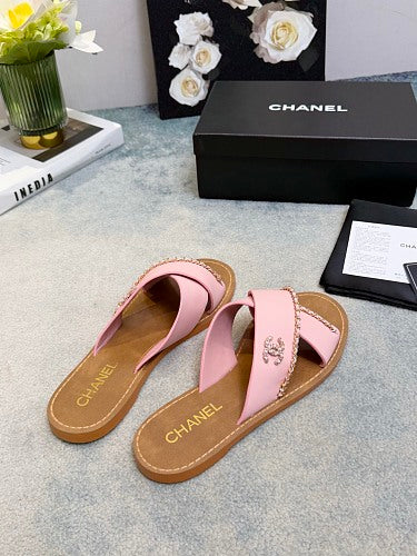 Chanel CC Logo Chain-Trim Crisscross Slide Sandals