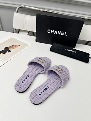 Chanel CC Chain Tweed Flat Slide Sandals