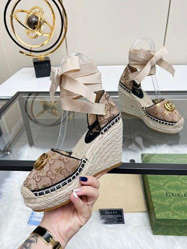 Gucci GG Supreme Canvas Double G Platform Espadrille Wedges