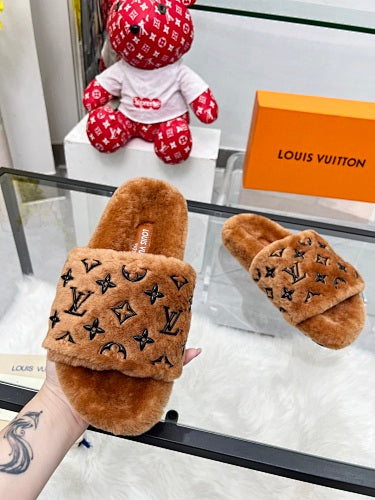 Louis Vuitton Monogram Shearling/Fur Slides