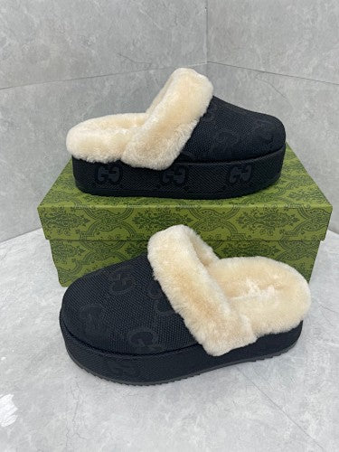 Gucci Black GG Canvas Shearling-Lined Mule Slippers