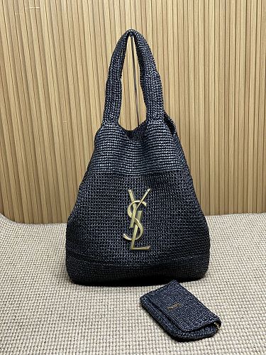 Saint Laurent (YSL) Black Raffia Crochet Tote Bag