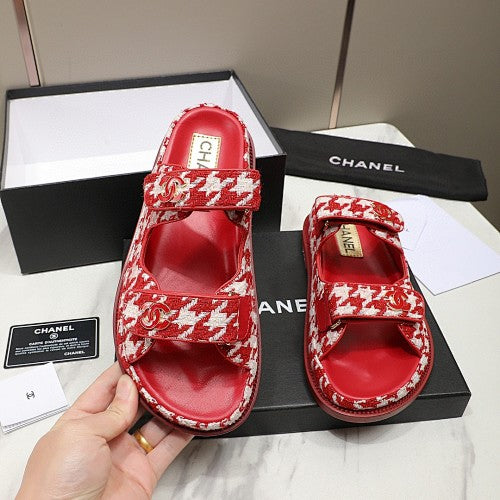 Chanel CC Logo Houndstooth Double-Strap Slide Sandals