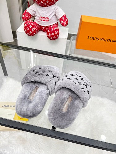 Louis Vuitton Monogram Shearling/Fur Slides