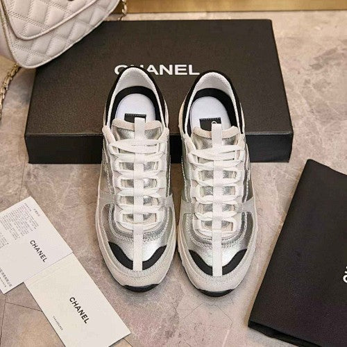 Chanel CC Metallic Silver & White Low-Top Runner Sneakers