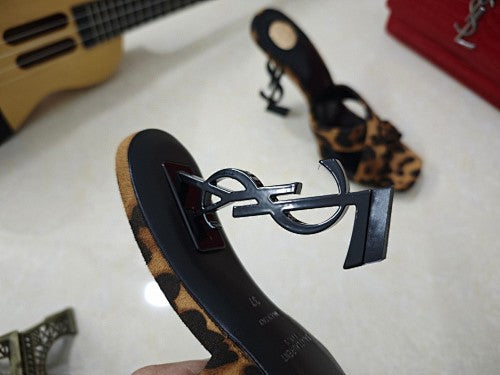 Saint Laurent Opyum Leopard-Print YSL Logo-Heel Mule Sandals