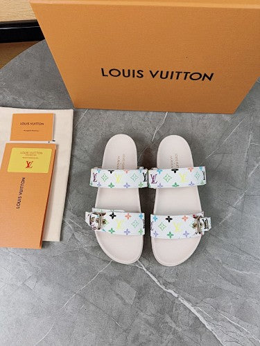 Louis Vuitton White Multicolor Monogram Double-Strap Slide Sandals