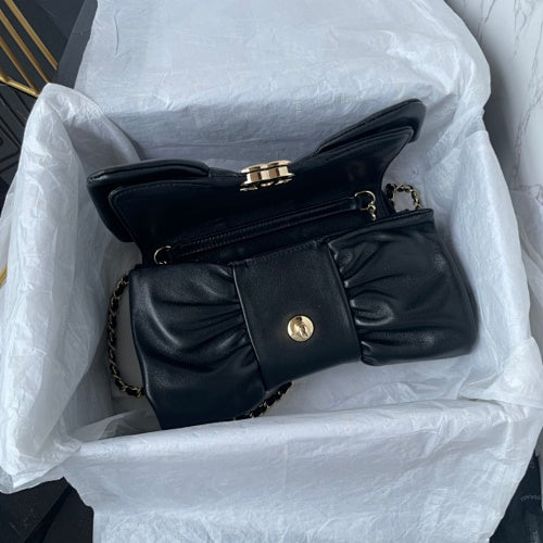 Chanel Metallic Black Ruched Flap Bag / Chain Shoulder Bag.