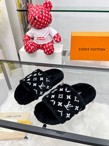 Louis Vuitton Monogram Shearling/Faux-Fur Pool Slides