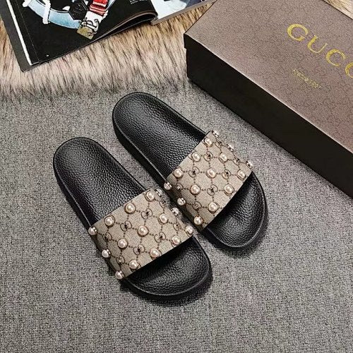 Gucci GG Supreme Pearl-Embellished Slide Sandals