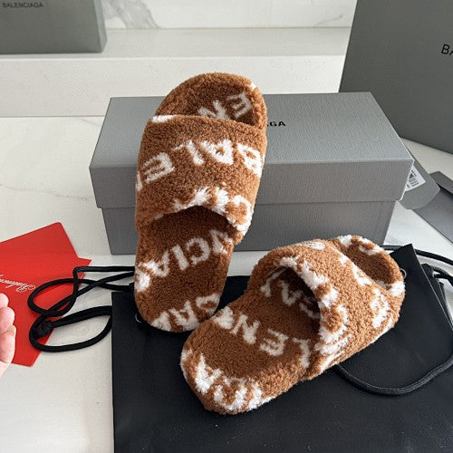 Balenciaga Allover Logo Furry Slide Sandals