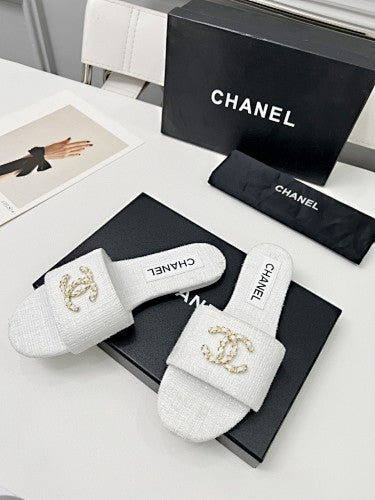 Chanel CC Chain Tweed Flat Slide Sandals