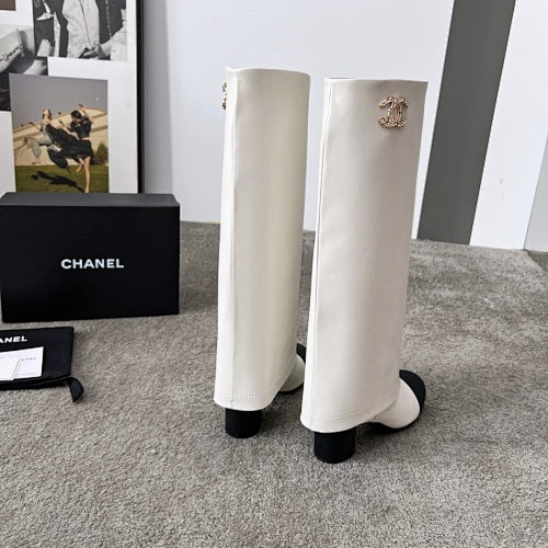 Chanel Two-Tone CC Logo Knee-High Riding Boots