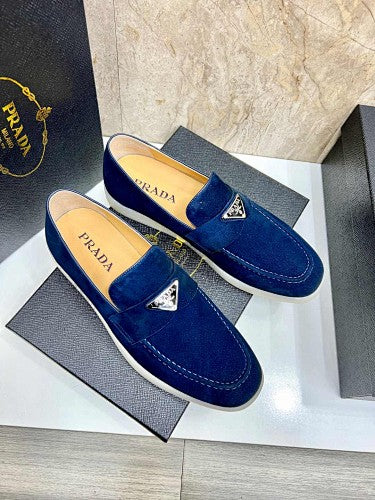Prada Navy Blue Suede Triangle Logo Loafers
