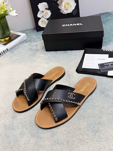 Chanel CC Logo Chain-Trim Crisscross Slide Sandals