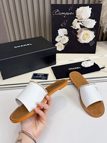 Chanel CC Logo Chain-Trim Slide Sandals