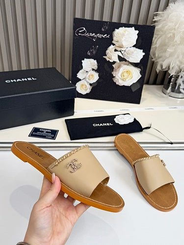 Chanel CC Logo Chain-Trim Slide Sandals
