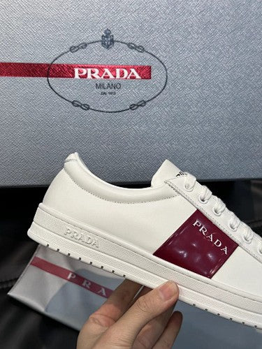 Prada White Leather Low-Top Sneakers with Burgundy Logo Stripe