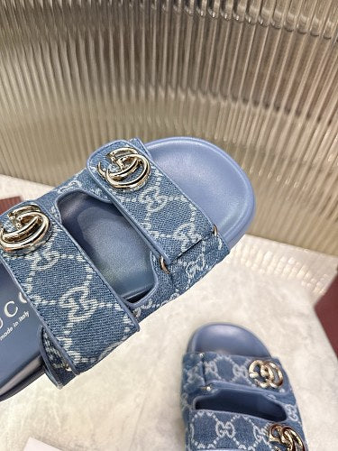 Gucci GG Denim Double-Strap Slide Sandals