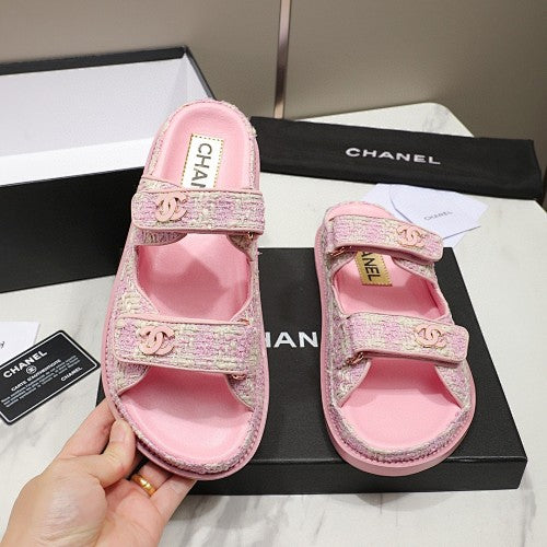 Chanel CC Logo Tweed Double-Strap Slide Sandals