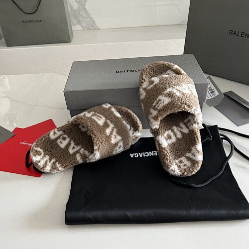 Balenciaga Allover Logo Furry Slide Sandals