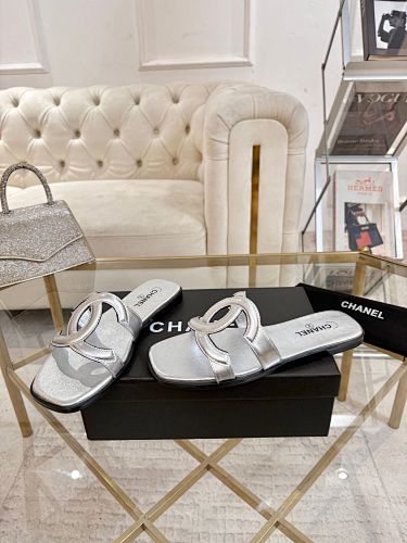 Chanel CC Logo Metallic Silver Leather Slide Sandals