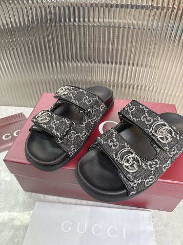 Gucci GG Denim Double-Strap Slide Sandals