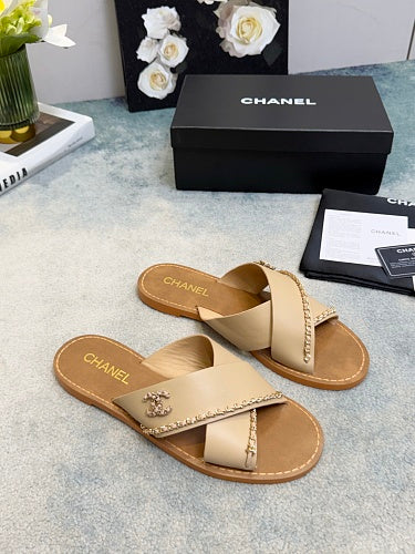 Chanel CC Logo Chain-Trim Crisscross Slide Sandals