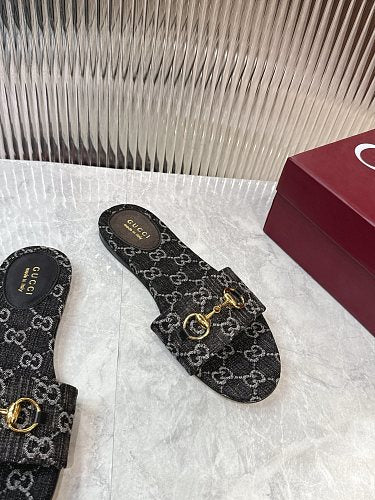 Gucci GG Monogram Horsebit Flat Slide Sandals