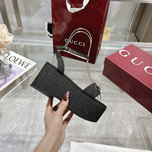 Gucci Black Horsebit Platform Wedge Sandals