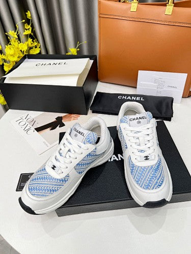 Chanel CC Logo Low-Top Sneakers – White & Blue Tweed