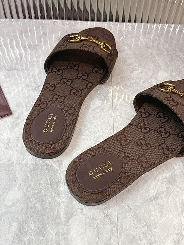 Gucci GG Monogram Horsebit Flat Slide Sandals