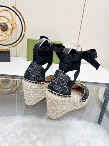 Gucci GG Denim Double G Platform Espadrille Wedges